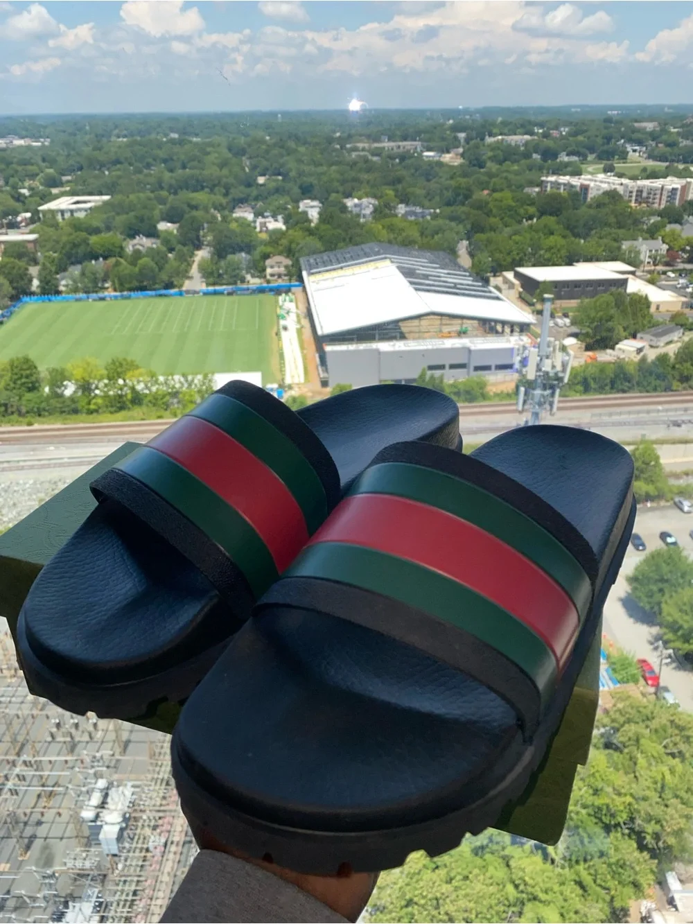 Black Slide Sandals with Green and Red Stripes